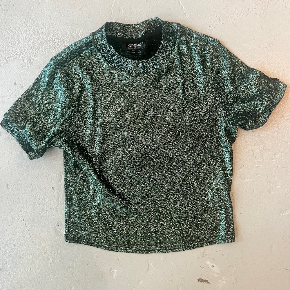 Topshop metallic shiny green crop tshirt